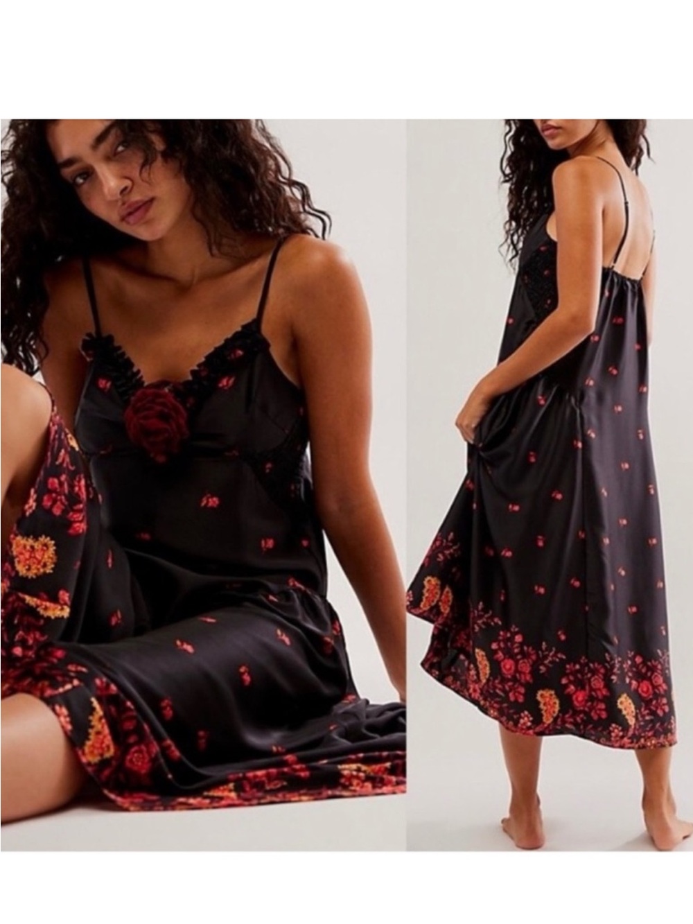 Free people on my own Black Floral Slip dress with Red Rose Accent